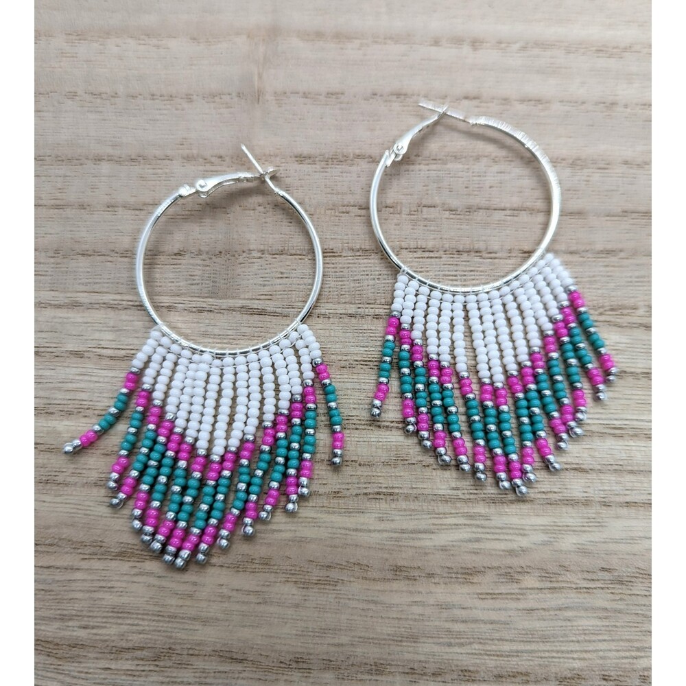 Earrings Hoops Silver, White, Pink & Teal